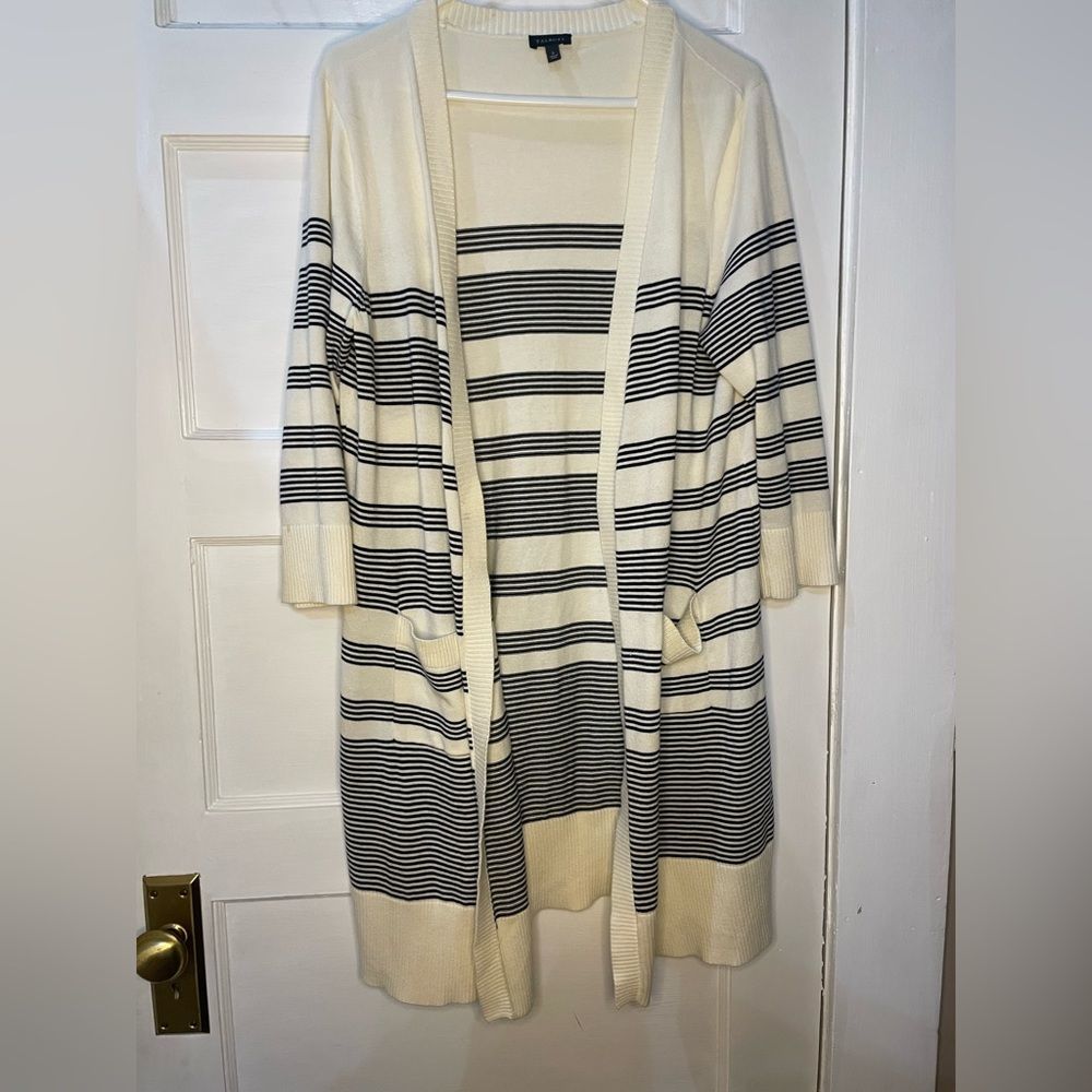 Talbots off White/Black stripped long cardigan, open front Size Large